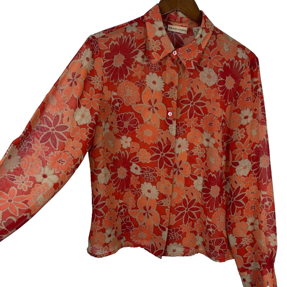 Apostrophe Woman's Button Up Blouse Size 12 (L) Red Orange Floral Sheer Retro